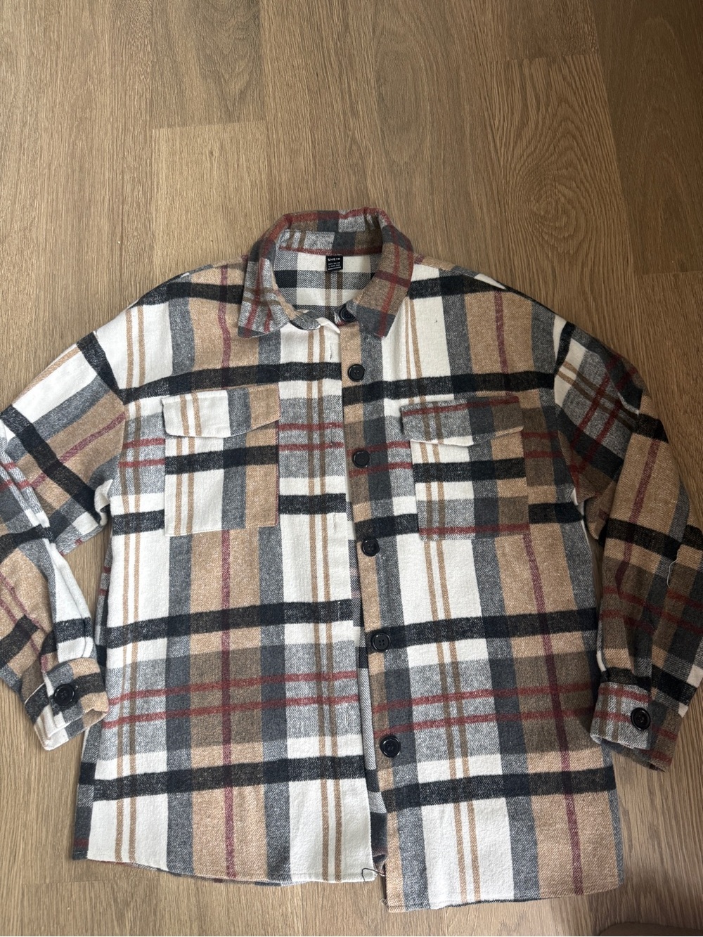 SHEIN Beige Black White Plaid Shacket